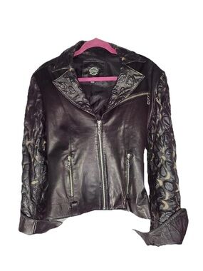 Laotian Women's Quilted Sleeve Black Leather Motorcycle Jacket